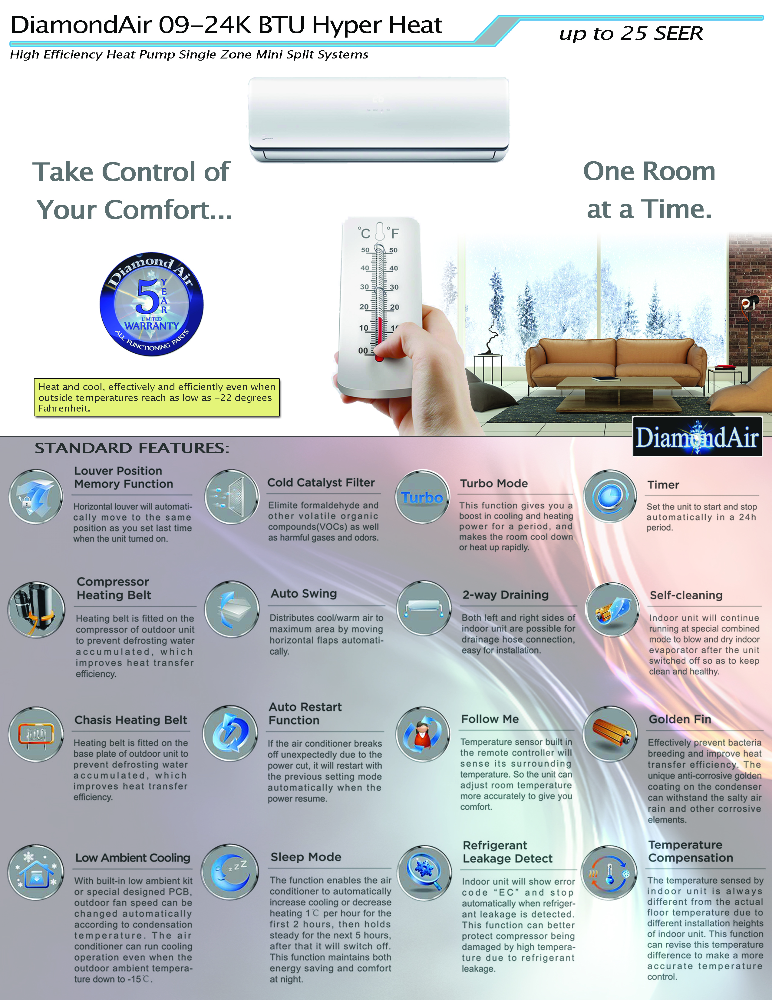 Mini Split 12,000 BTU DiamondAir Hyper Heat 22.5 SEER Heat Pump System D2012SHO, DF2012HMSI2 (CLOSEOUT SPECIAL!)(T)